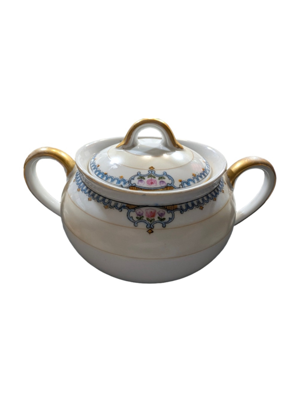 Unbranded Vintage Floral Sugar Bowl with Lid, White and Gold, One Size